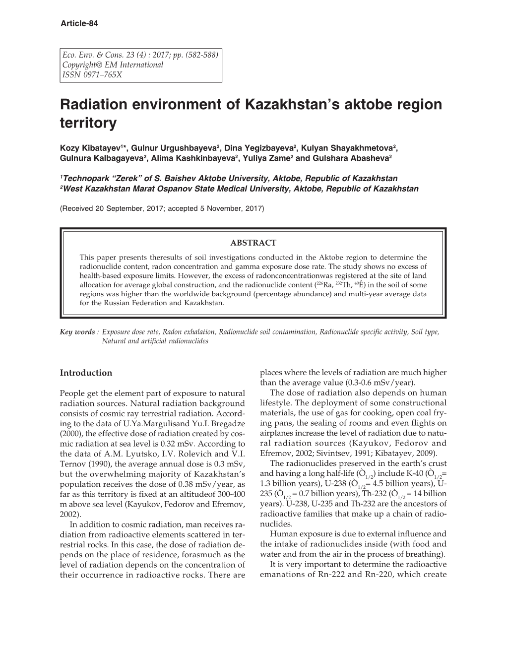 Radiation Environment of Kazakhstan's Aktobe Region Territory