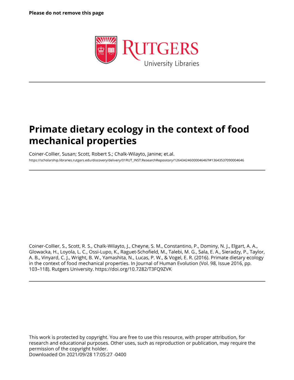 Primate Dietary Ecology in the Context of Food Mechanical Properties