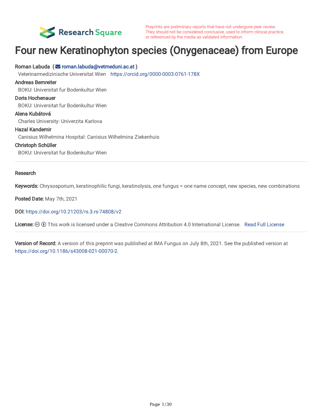 Four New Keratinophyton Species (Onygenaceae) from Europe