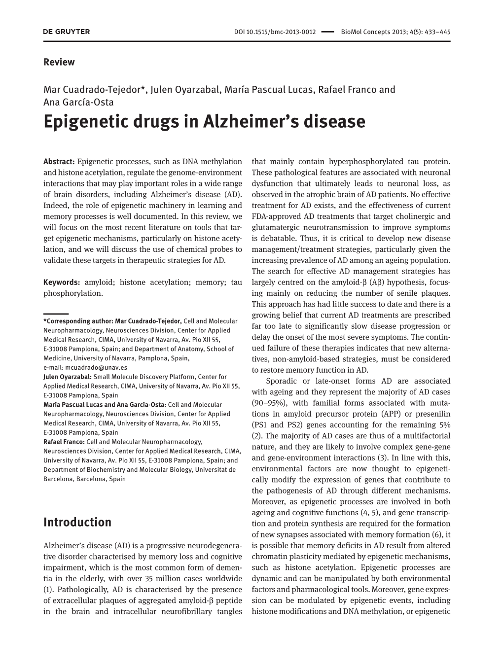 Epigenetic Drugs in Alzheimer's Disease