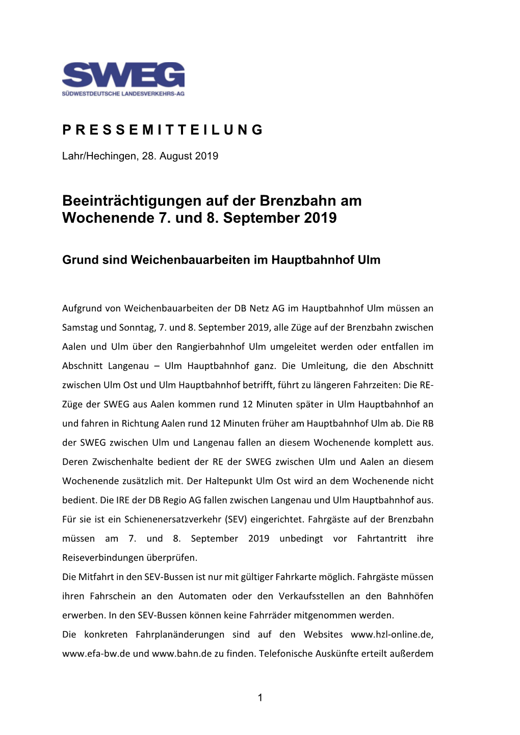 Beeinträchtigungen Auf Der Brenzbahn Am Wochenende 7. Und 8