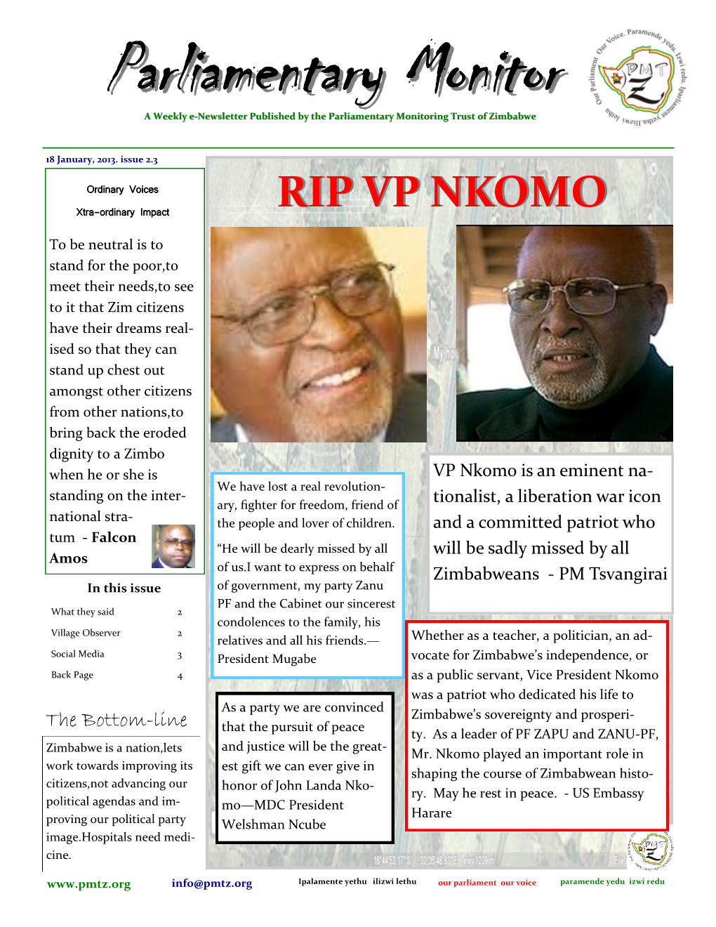 Parliamentary Monitormonitor a Weekly E-Newsletter Published by the Parliamentary Monitoring Trust of Zimbabwe