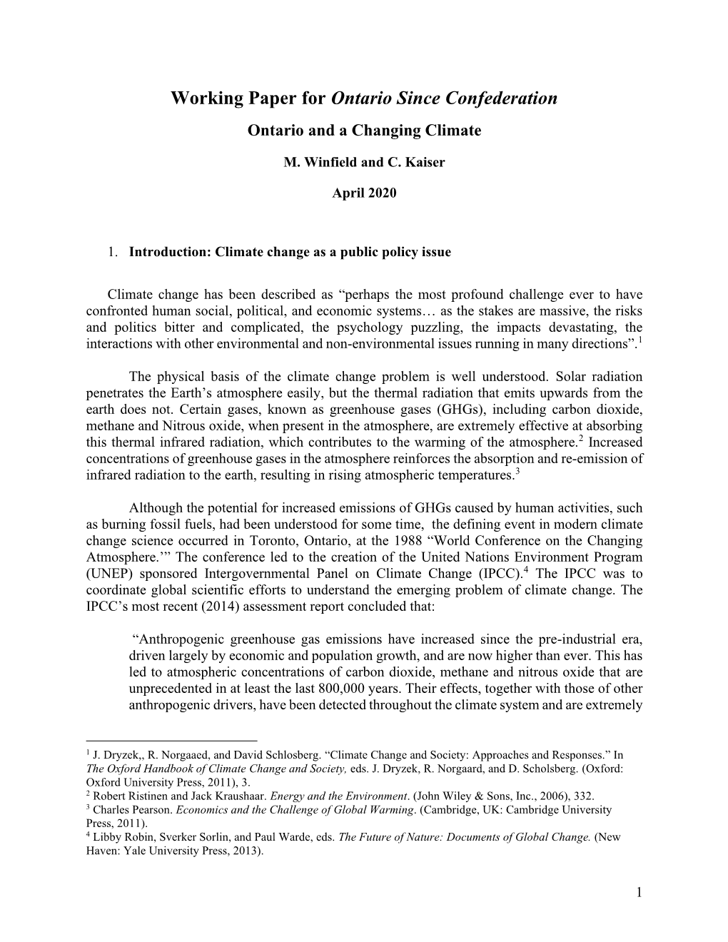 Working Paper for Ontario Since Confederation Ontario and a Changing Climate