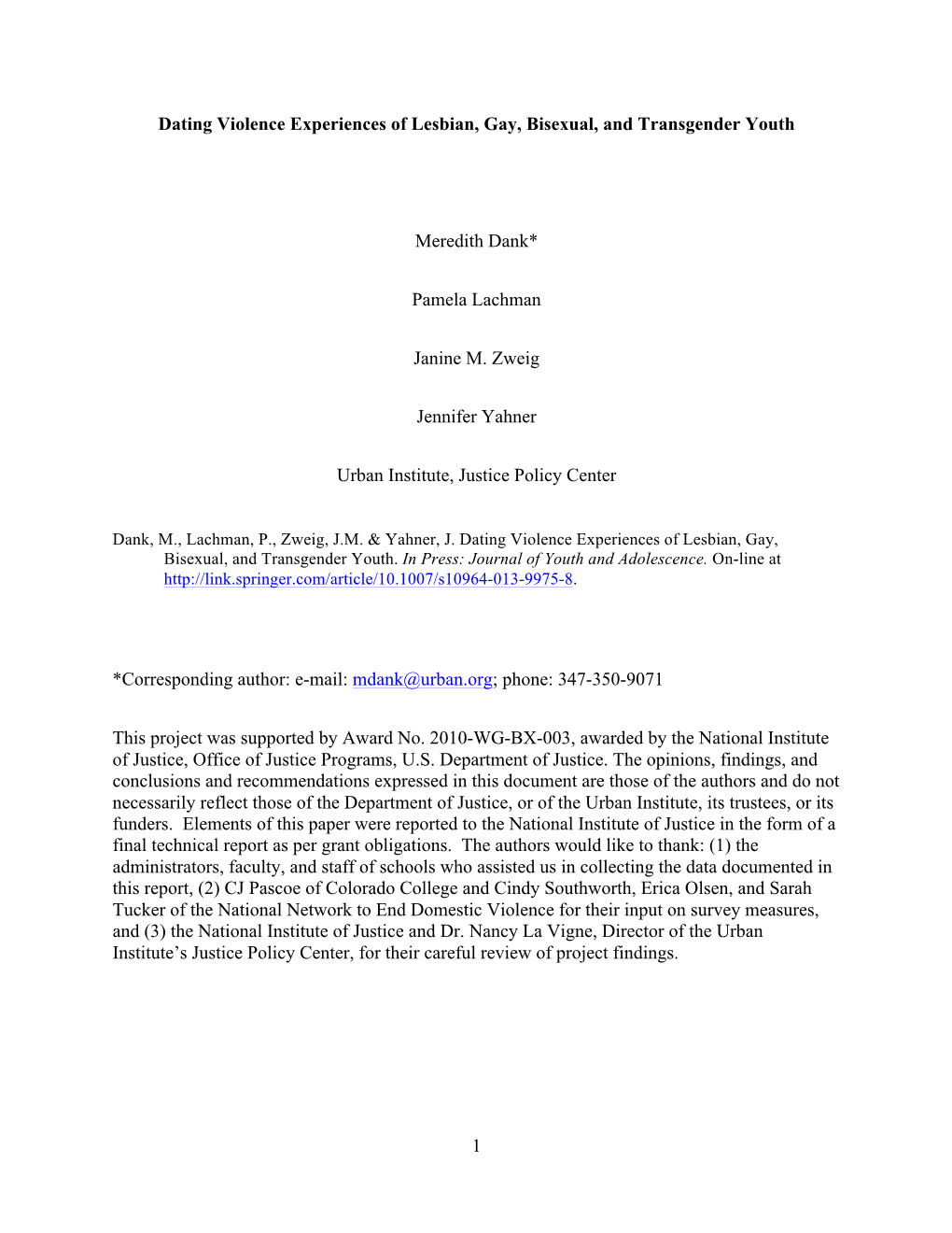 Dating Violence Experiences of Lesbian, Gay, Bisexual, and Transgender Youth