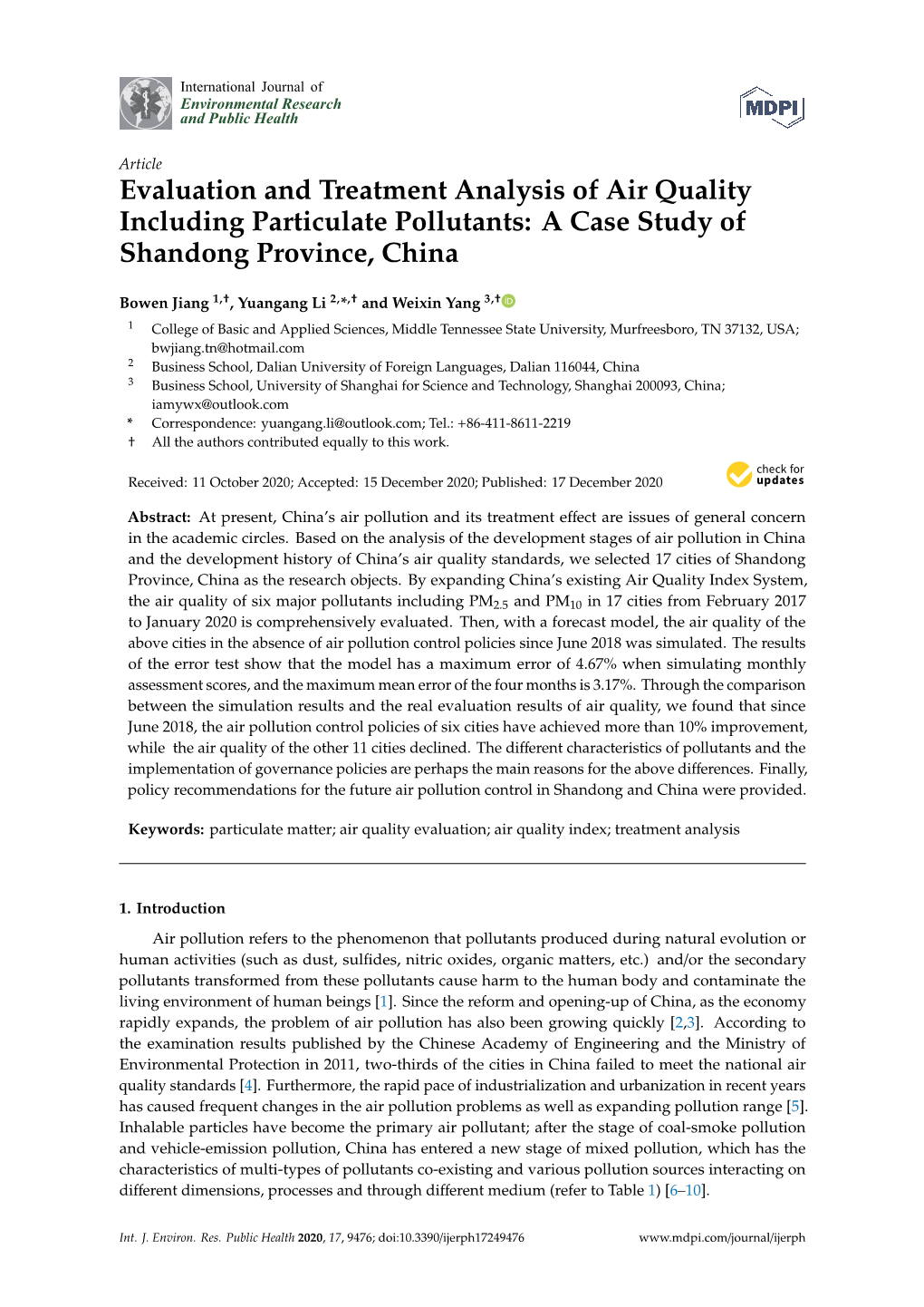 Evaluation and Treatment Analysis of Air Quality Including Particulate Pollutants: a Case Study of Shandong Province, China