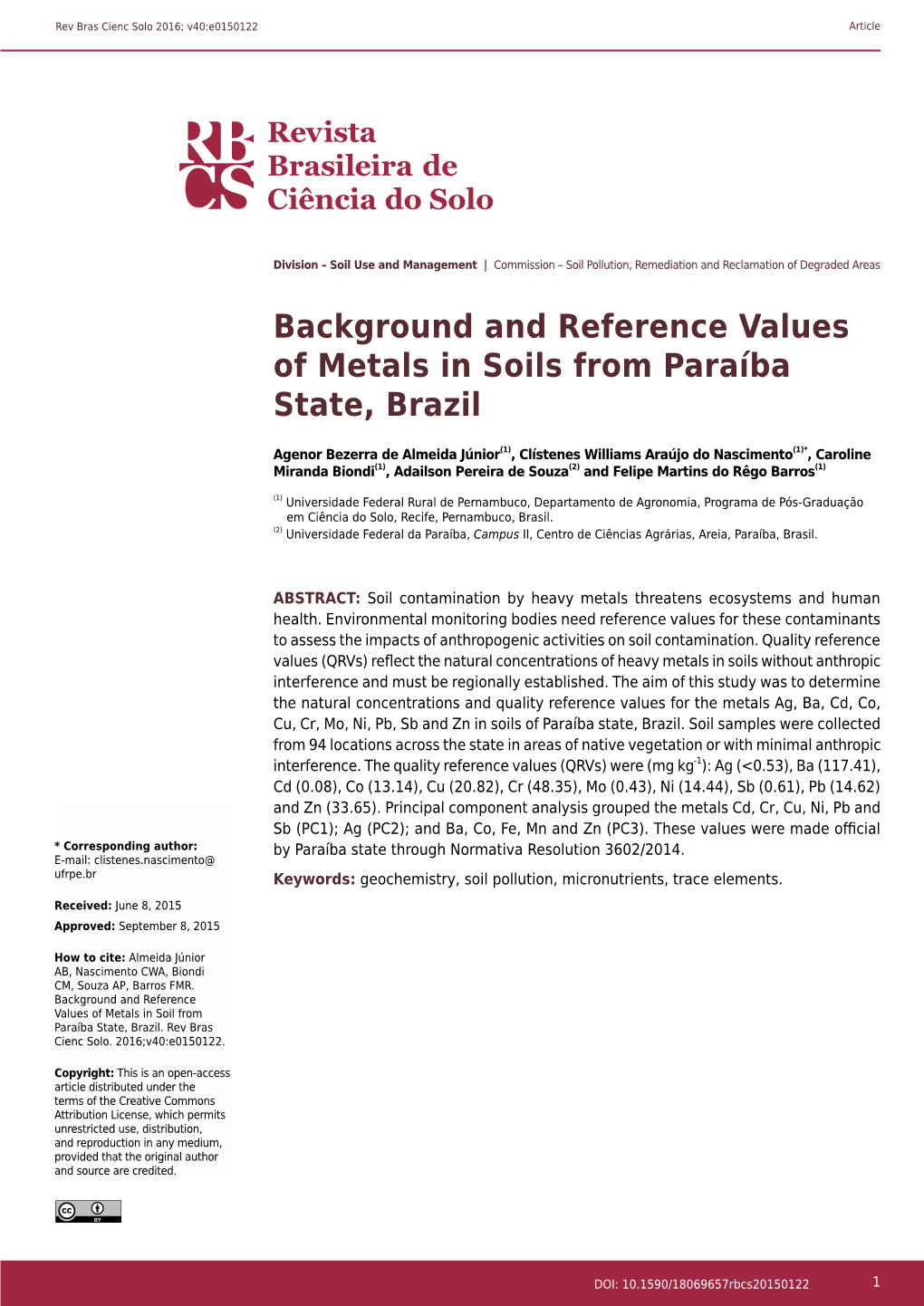 Background and Reference Values of Metals in Soils from Paraíba State, Brazil