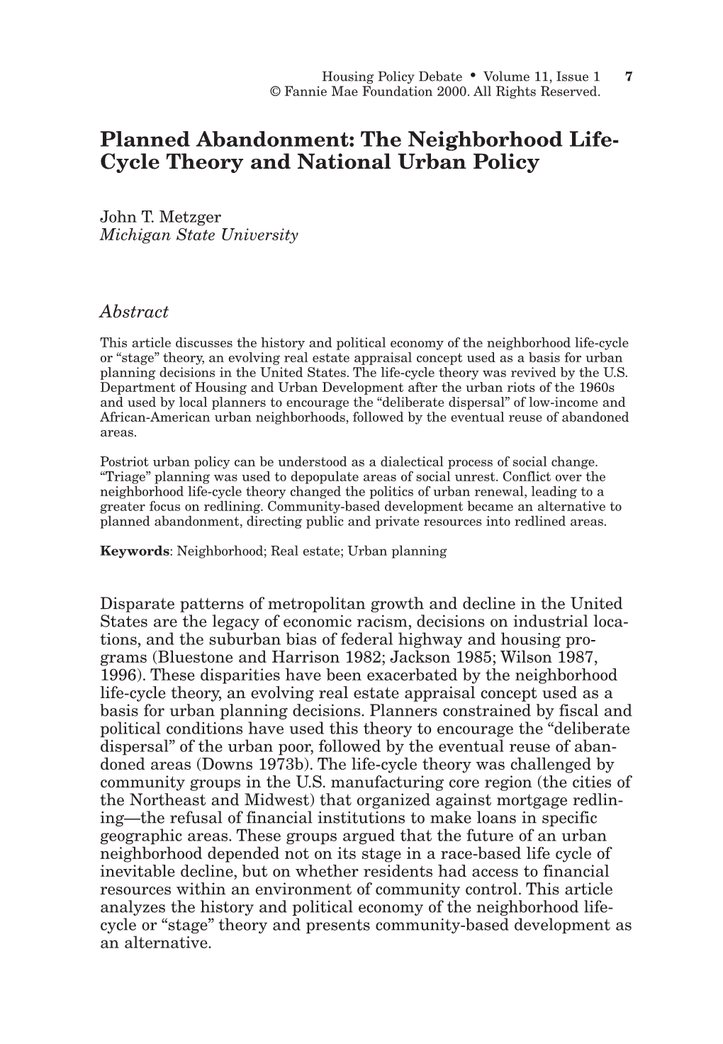 Planned Abandonment: the Neighborhood Life- Cycle Theory and National Urban Policy