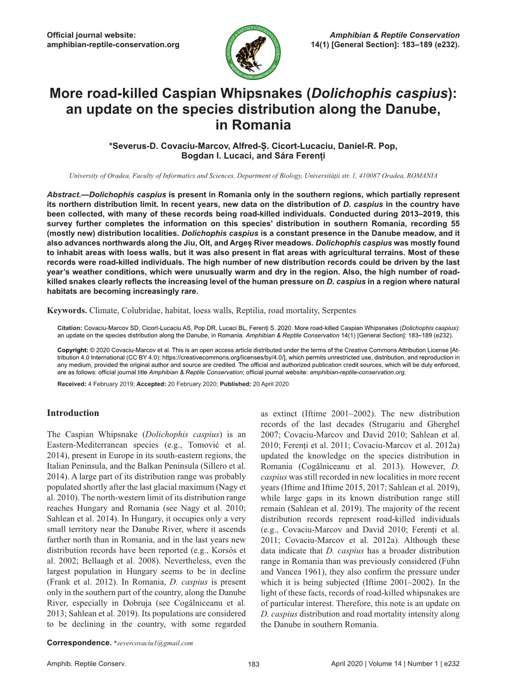 Dolichophis Caspius): an Update on the Species Distribution Along the Danube, in Romania *Severus-D