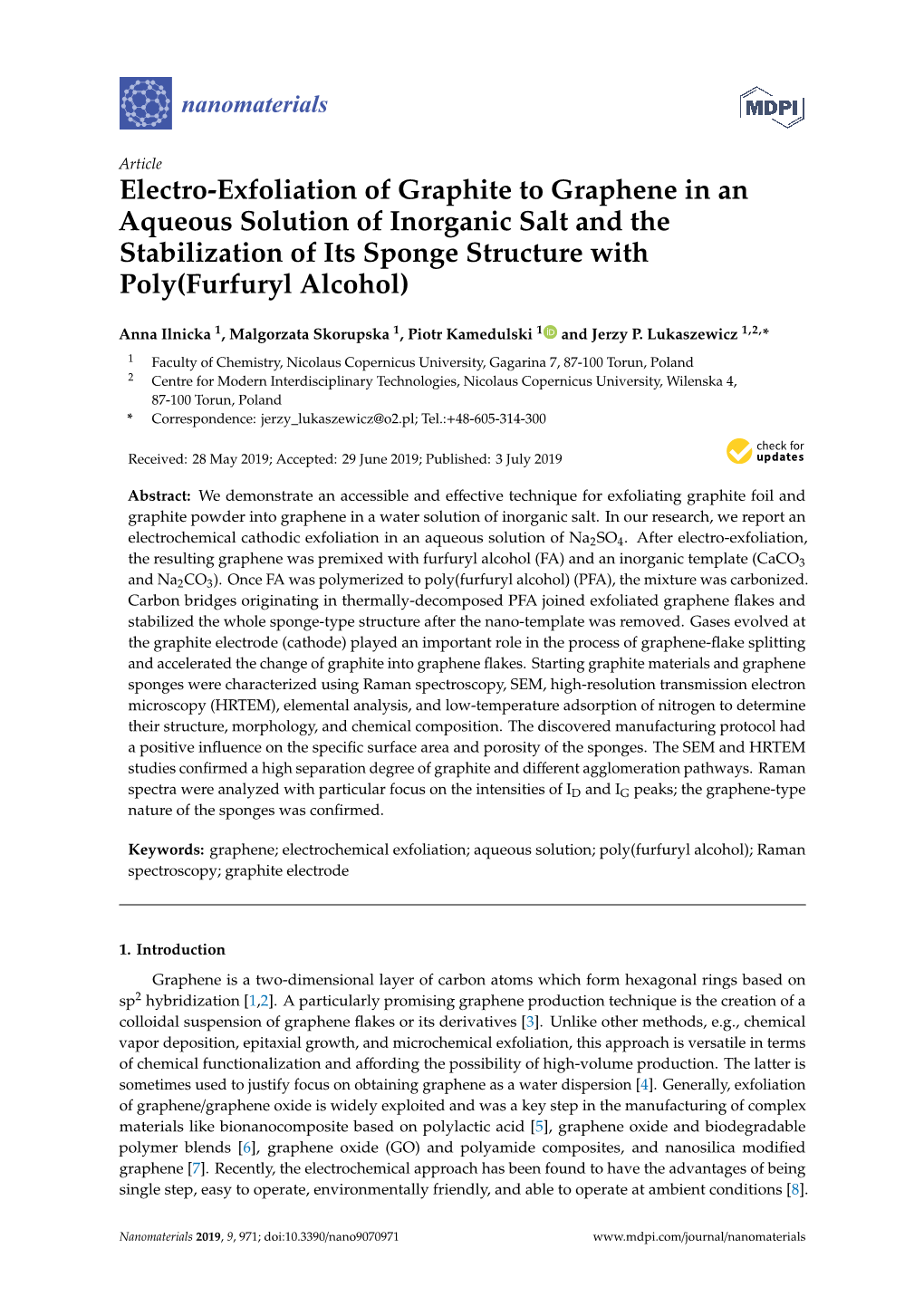 Electro-Exfoliation of Graphite to Graphene in an Aqueous Solution of Inorganic Salt and the Stabilization of Its Sponge Structure with Poly(Furfuryl Alcohol)