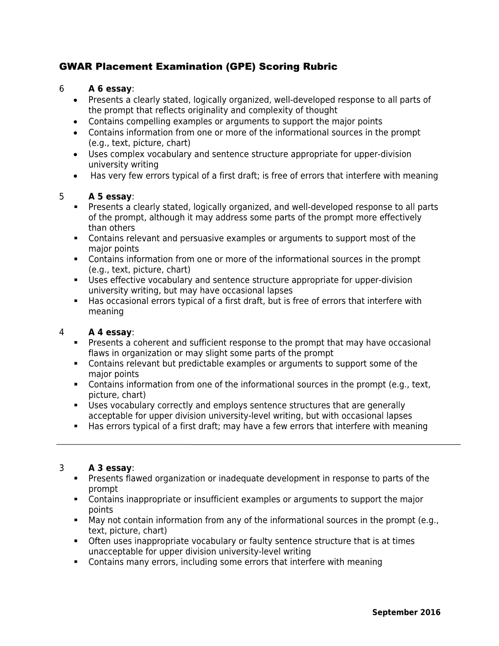 GWAR Placement Examination (GPE) Scoring Rubric