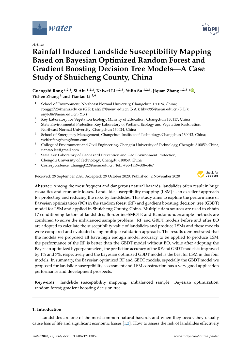 Rainfall Induced Landslide Susceptibility Mapping Based on Bayesian Optimized Random Forest and Gradient Boosting Decision Tree