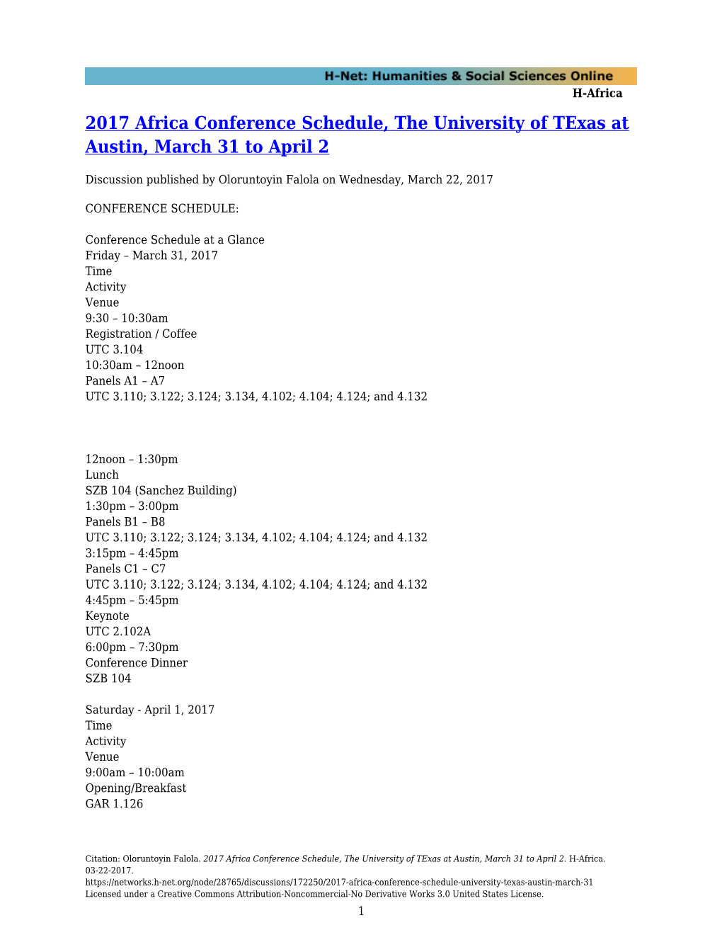 2017 Africa Conference Schedule, the University of Texas at Austin, March 31 to April 2