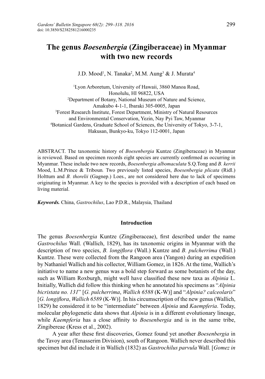 The Genus Boesenbergia (Zingiberaceae) in Myanmar with Two New Records