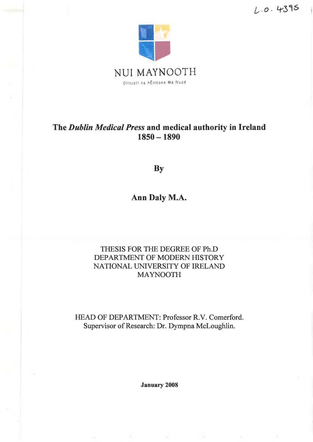 The Dublin Medical Press and Medical Authority in Ireland 1850 -1890