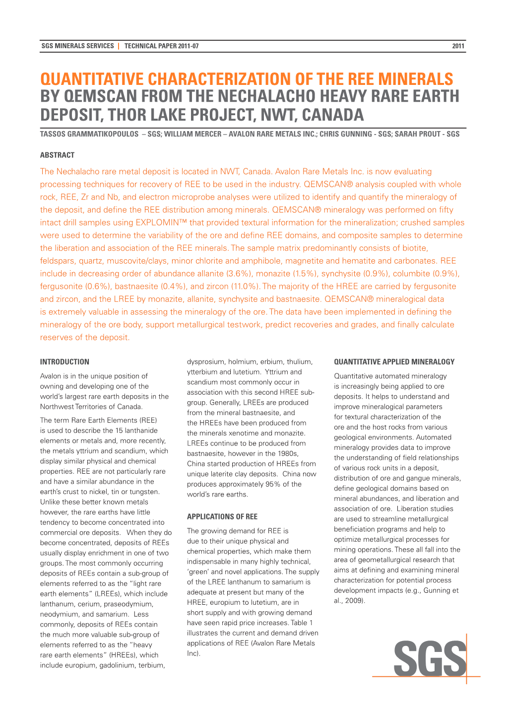 Characterization of REE Minerals by QEMSCAN from Nechalacho Deposit, Thor Lake, NWT, Canada