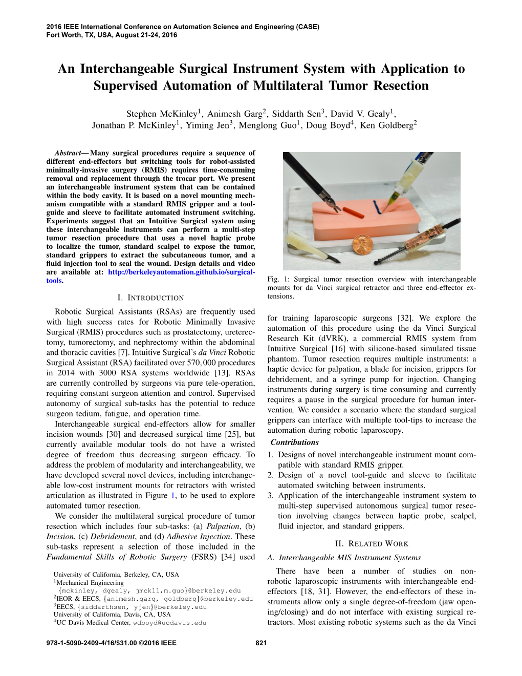An Interchangeable Surgical Instrument System with Application to Supervised Automation of Multilateral Tumor Resection