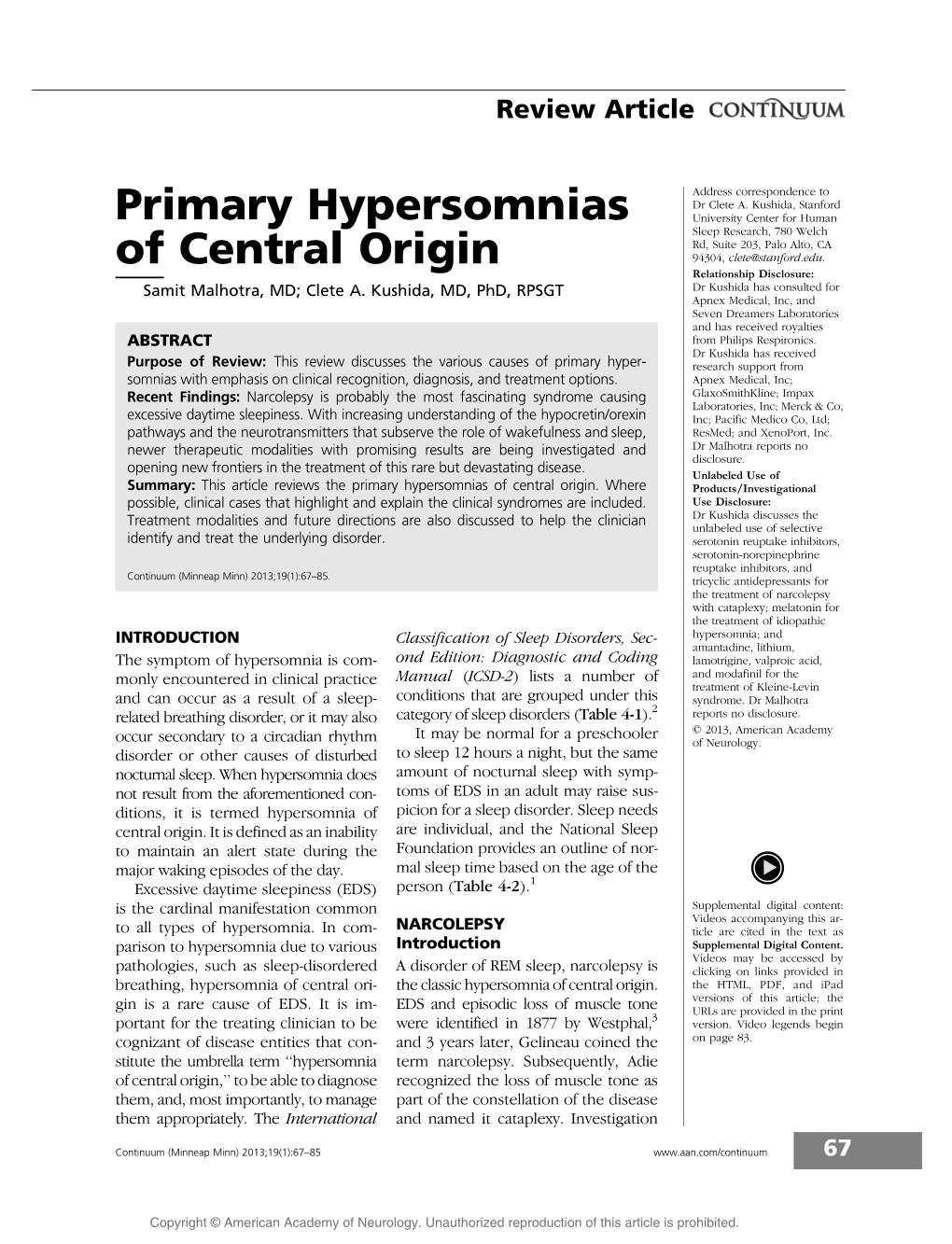 Primary Hypersomnias of Central Origin