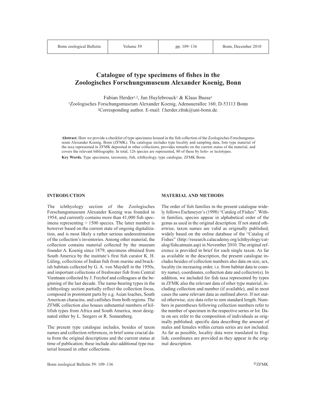 Catalogue of Type Specimens of Fishes in the Zoologisches Forschungsmuseum Alexander Koenig, Bonn