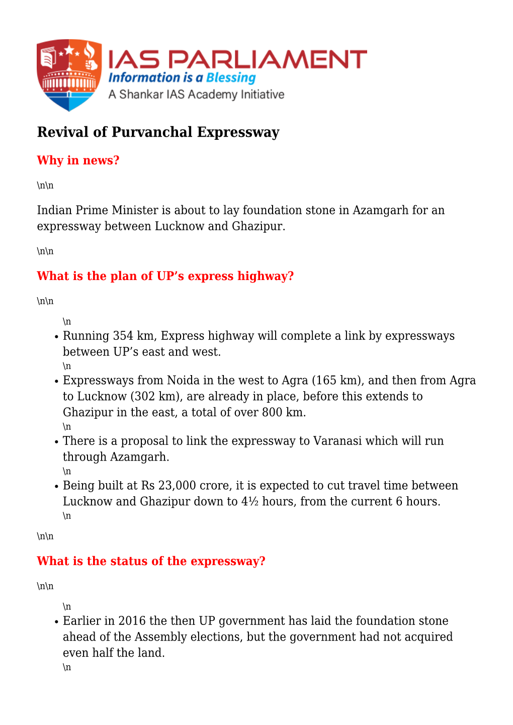 Revival of Purvanchal Expressway