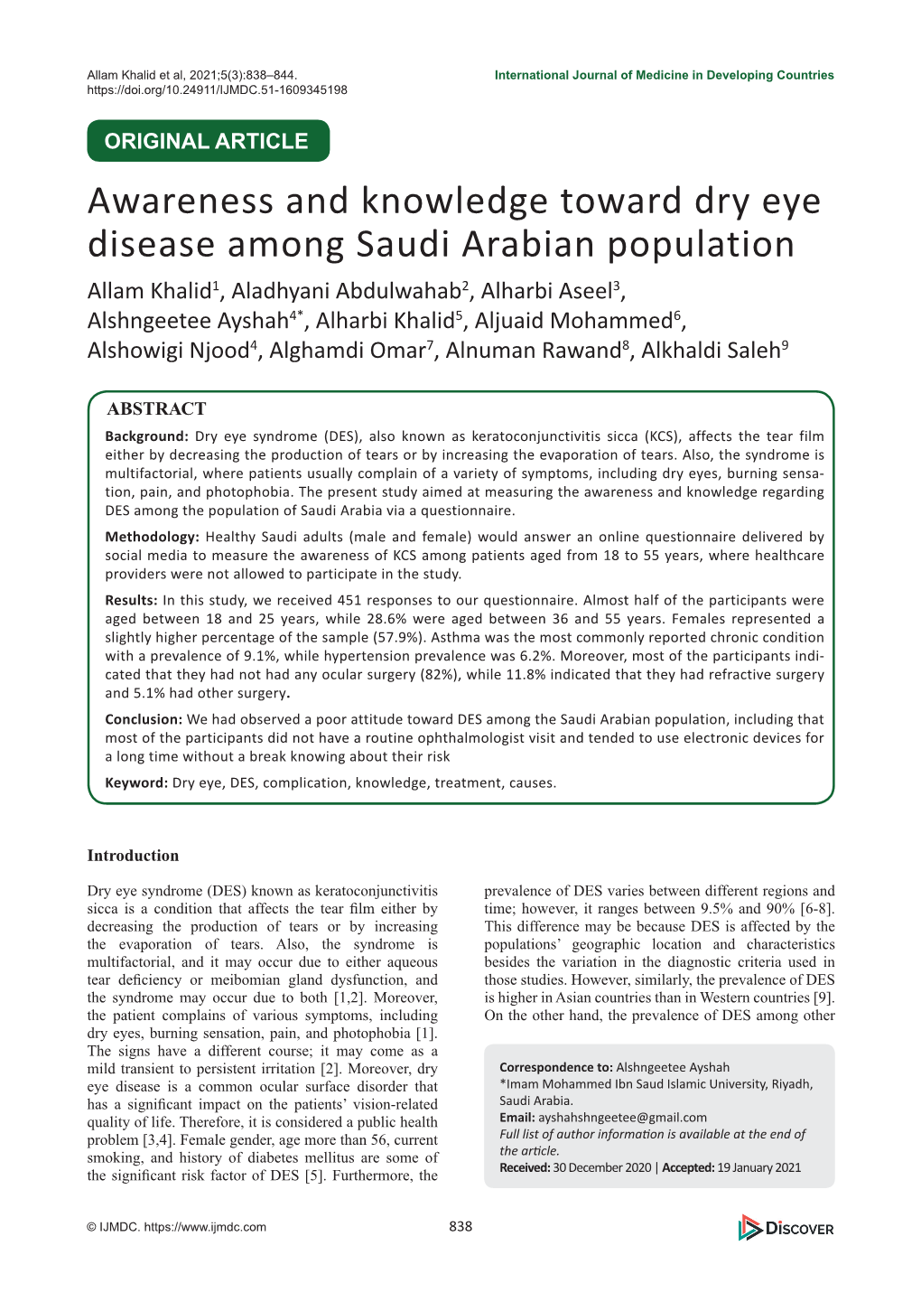 Awareness and Knowledge Toward Dry Eye Disease Among Saudi
