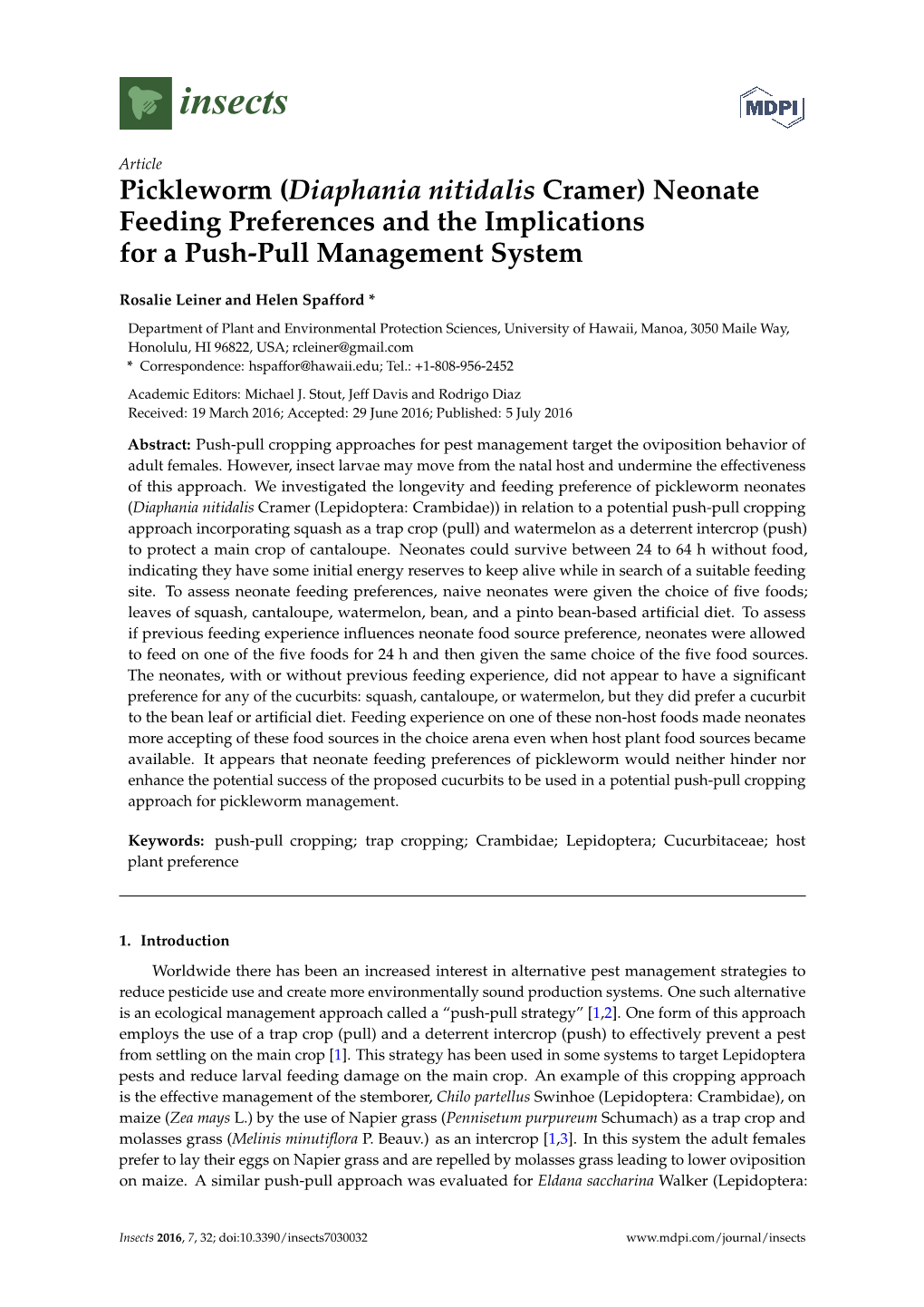 Pickleworm (Diaphania Nitidalis Cramer) Neonate Feeding Preferences and the Implications for a Push-Pull Management System