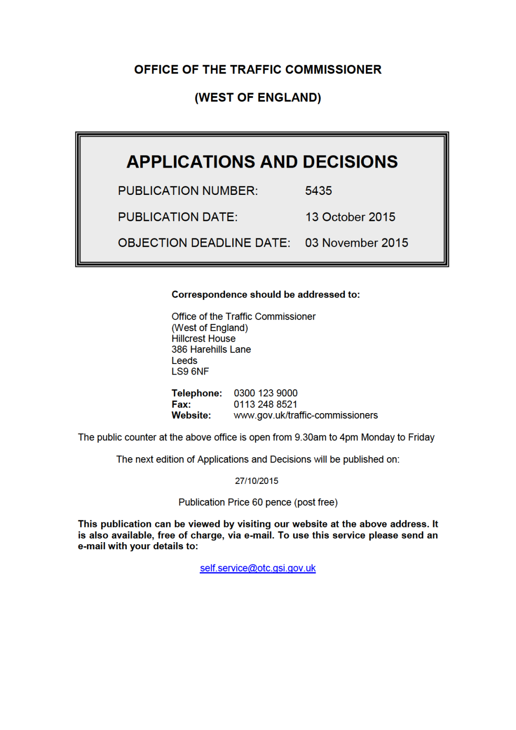 APPLICATIONS and DECISIONS 13 October 2015