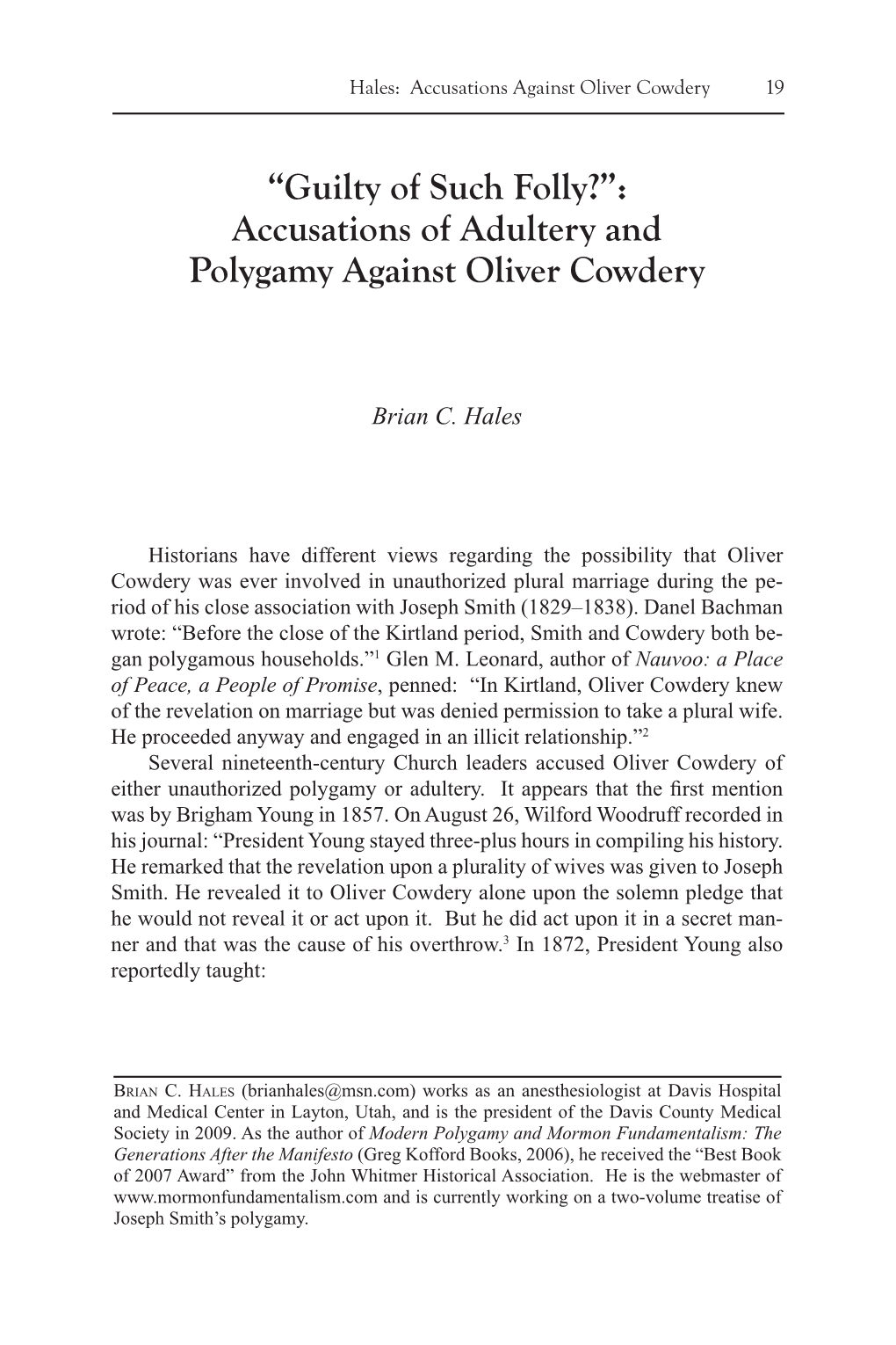 Accusations of Adultery and Polygamy Against Oliver Cowdery