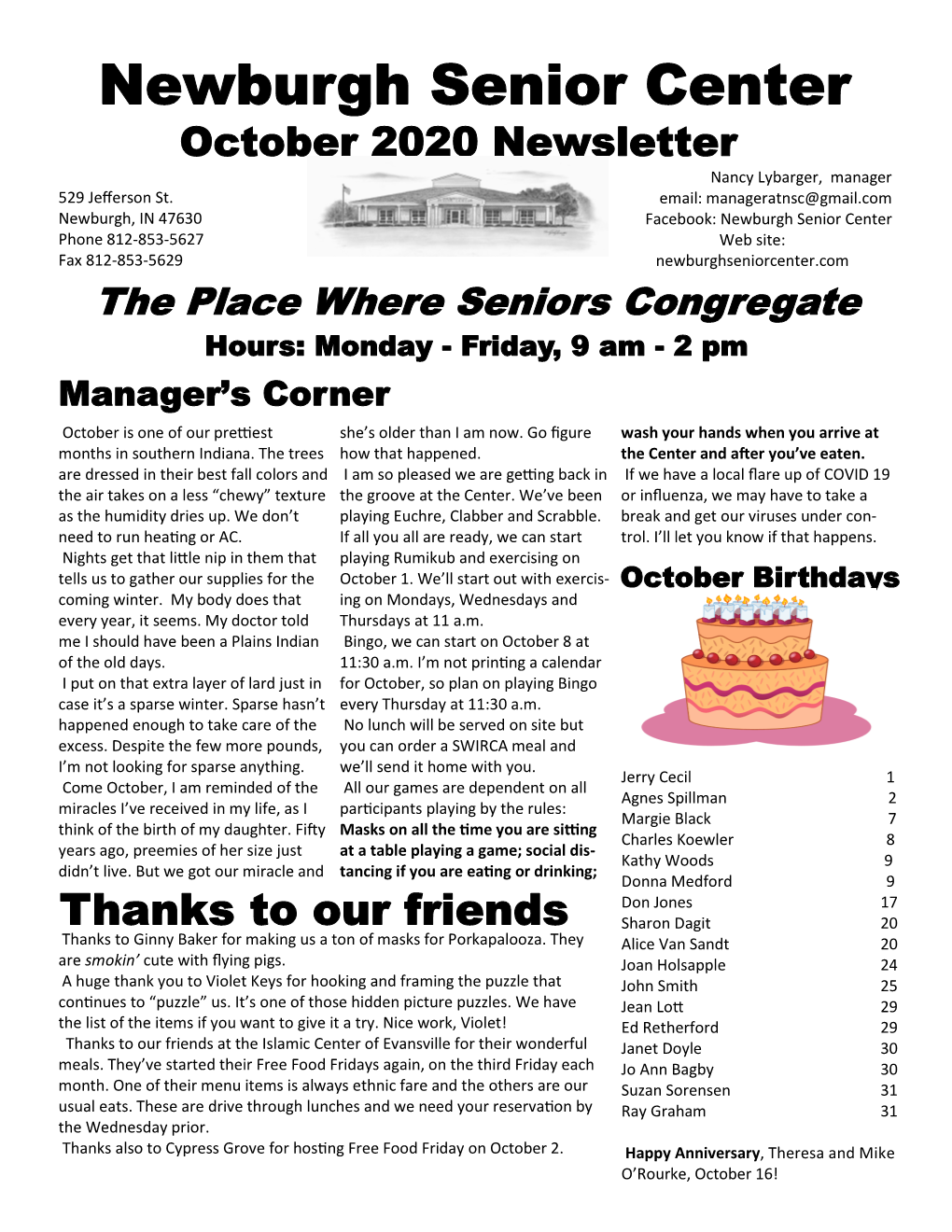 Newsletter Nancy Lybarger, Manager 529 Jefferson St