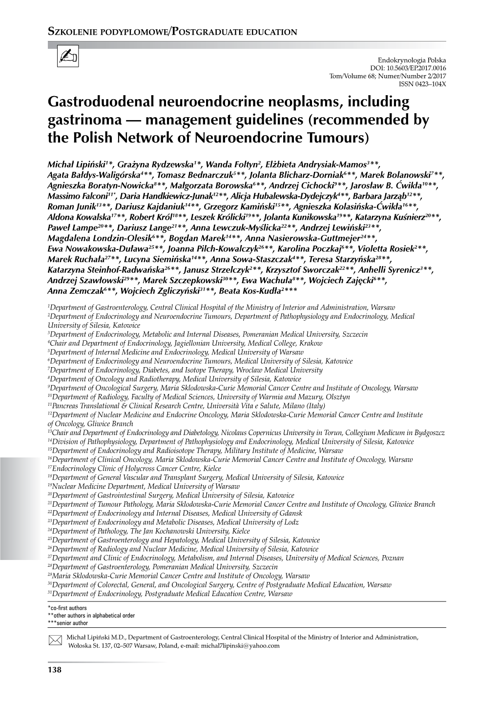 Gastroduodenal Neuroendocrine Neoplasms, Including Gastrinoma — Management Guidelines (Recommended by the Polish Network of Neuroendocrine Tumours)