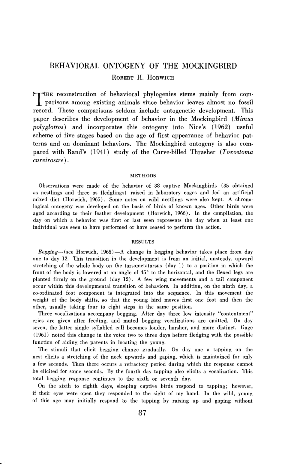 Behavioral Ontogeny of the Mockingbird