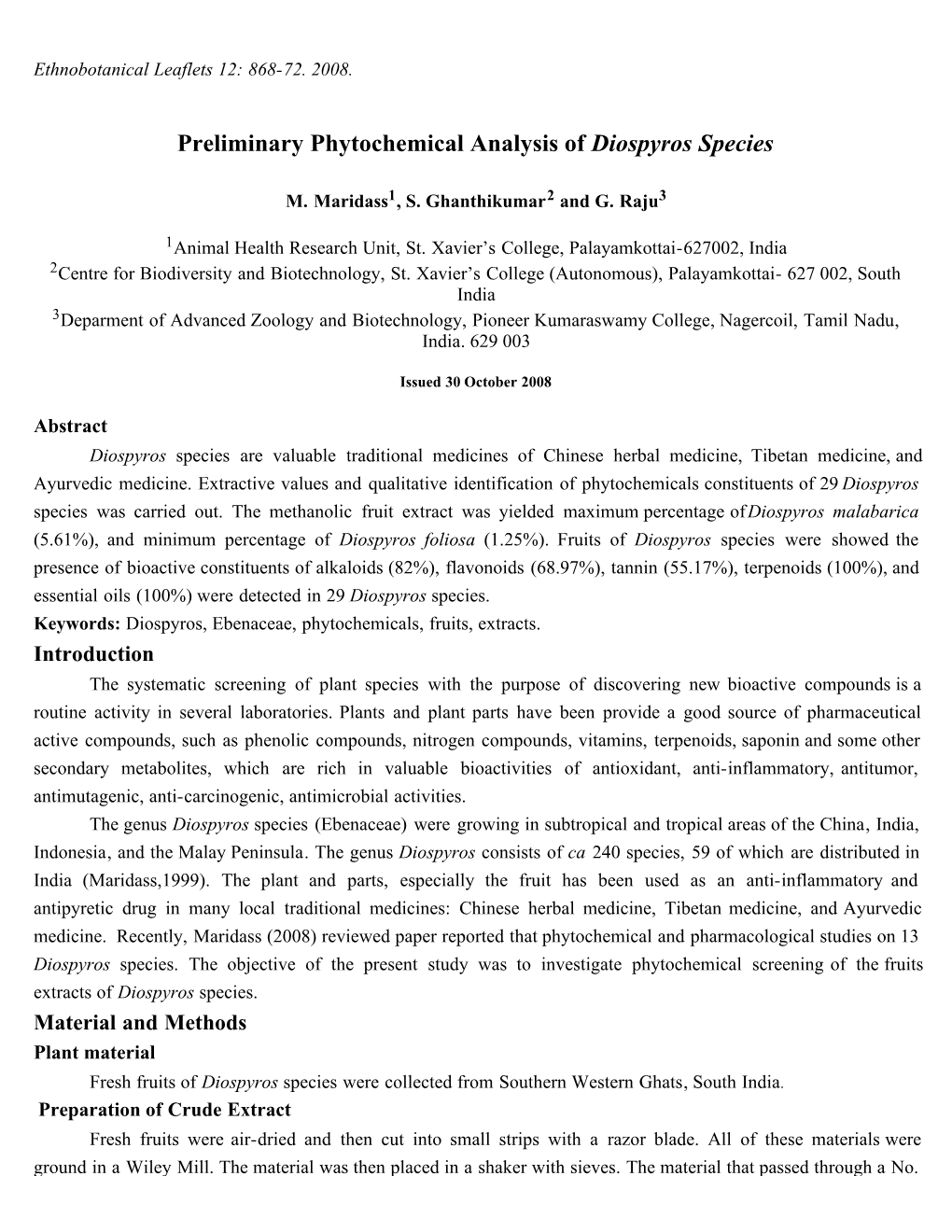 Preliminary Phytochemical Analysis of Diospyros Species