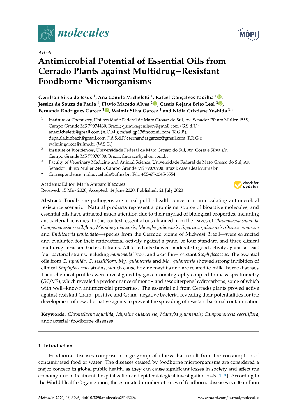 Antimicrobial Potential of Essential Oils from Cerrado Plants Against Multidrug-Resistant Foodborne Microorganisms