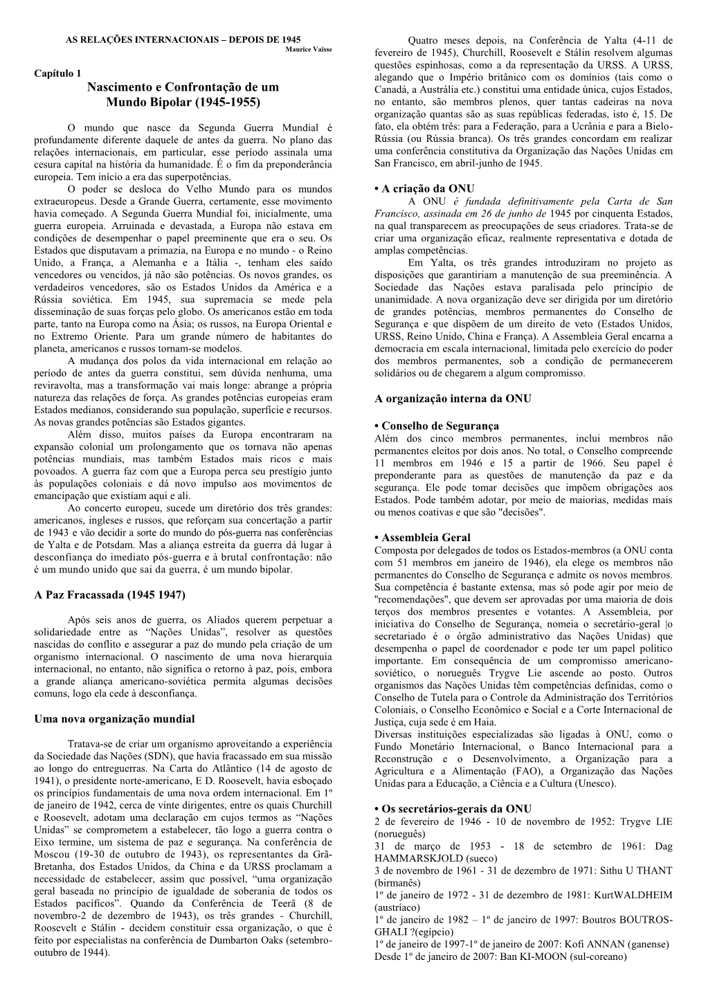 Nascimento E Confrontação De Um Mundo Bipolar (1945-1955)