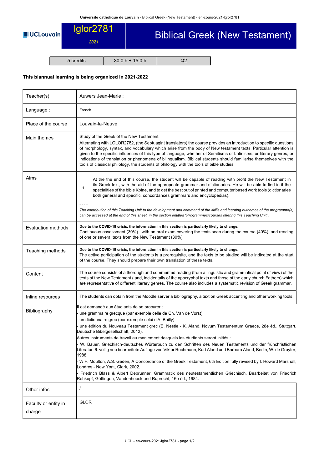 Biblical Greek (New Testament) - En-Cours-2021-Lglor2781 Lglor2781 Biblical Greek (New Testament) 2021