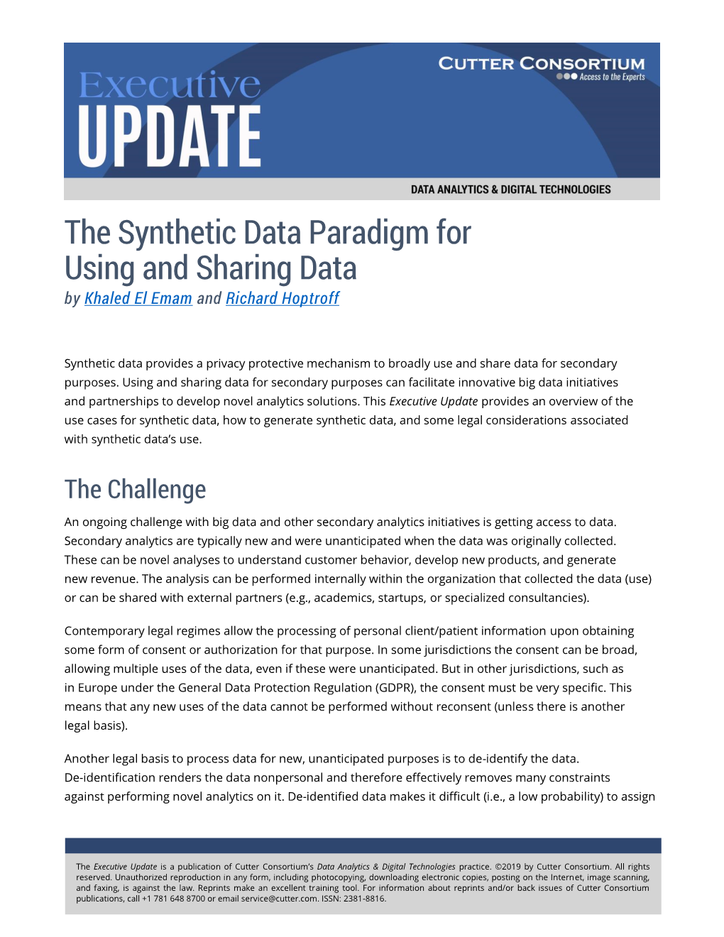 Synthetic Data Paradigm for Using and Sharing Data by Khaled El Emam and Richard Hoptroff