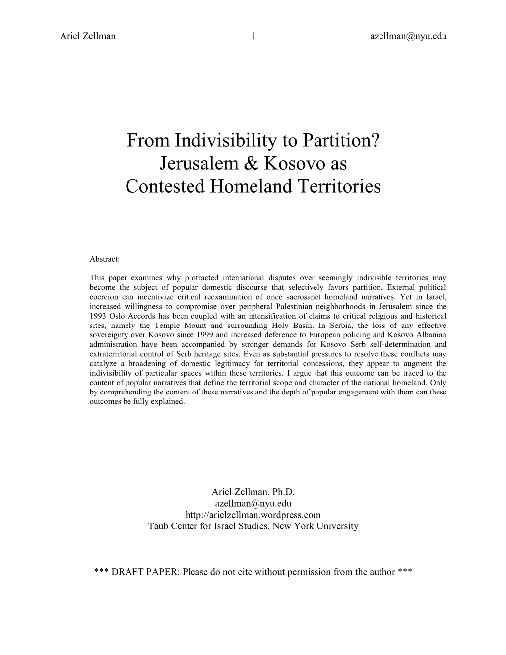 Jerusalem & Kosovo As Contested Homeland Territories