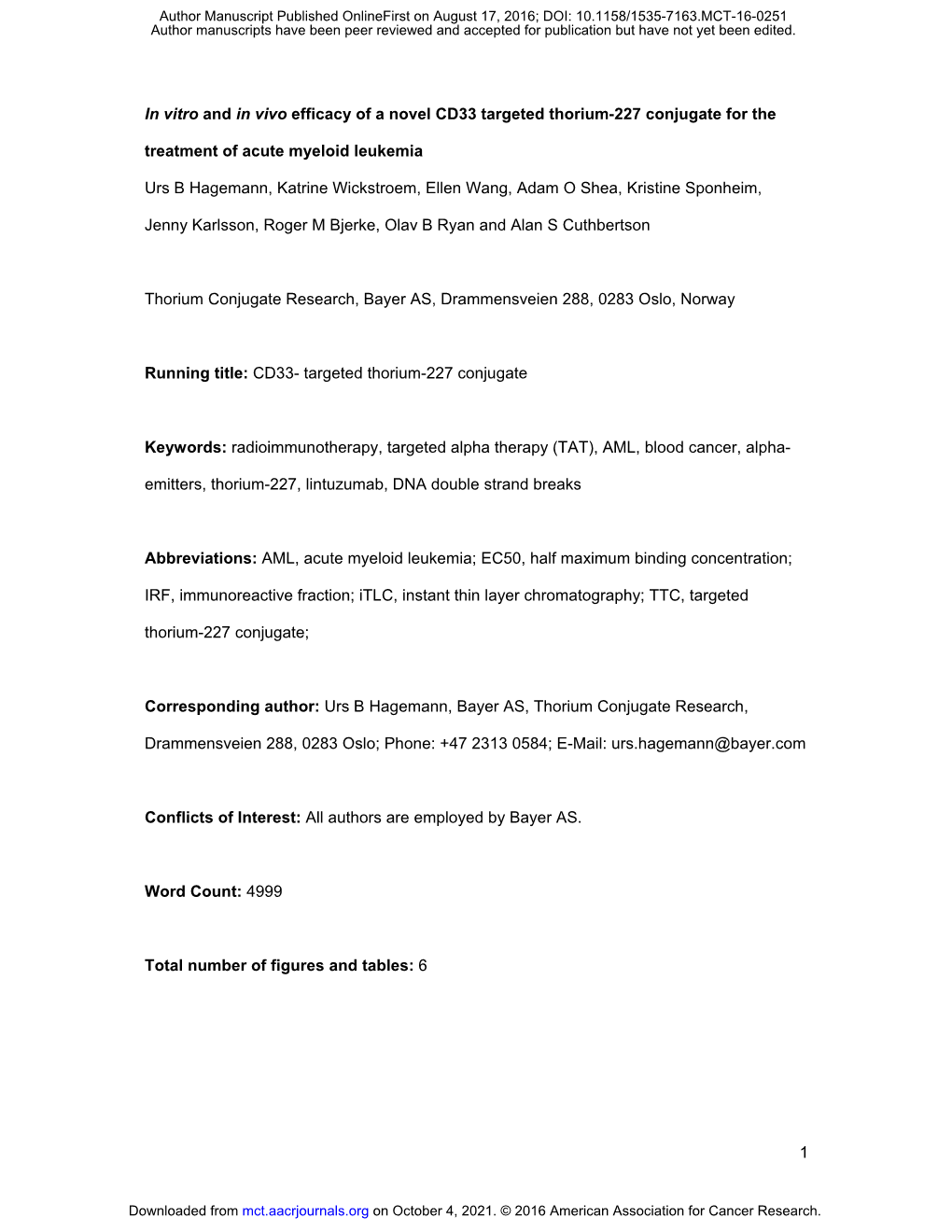 In Vitro and in Vivo Efficacy of a Novel CD33 Targeted Thorium-227 Conjugate for The