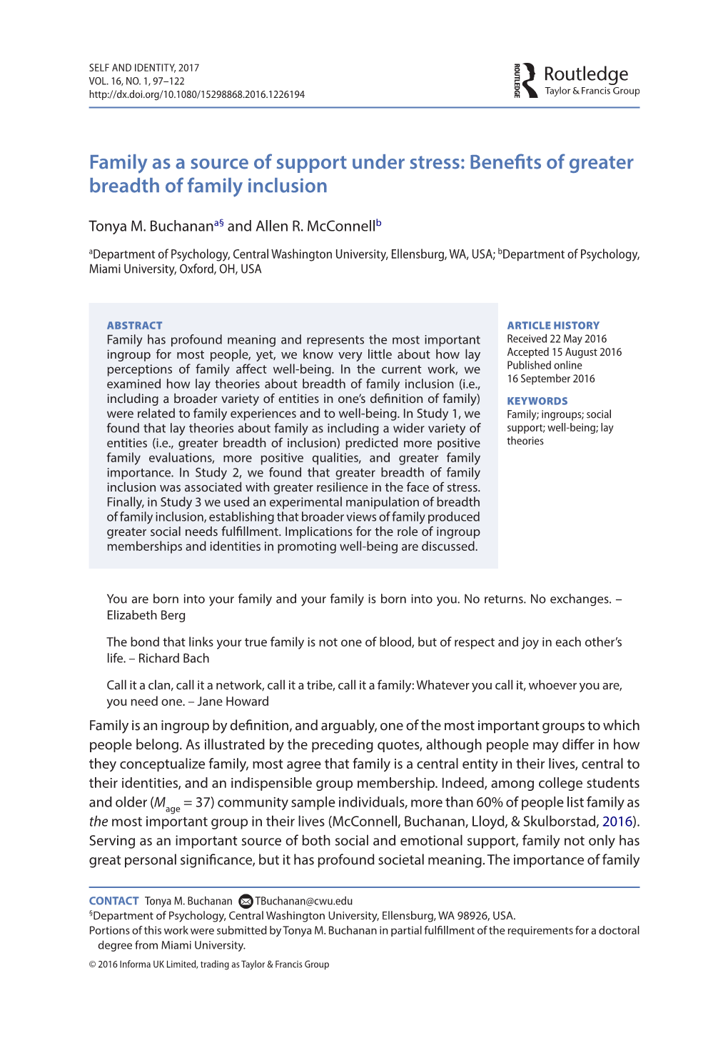 Family As a Source of Support Under Stress: Benefts of Greater Breadth of Family Inclusion