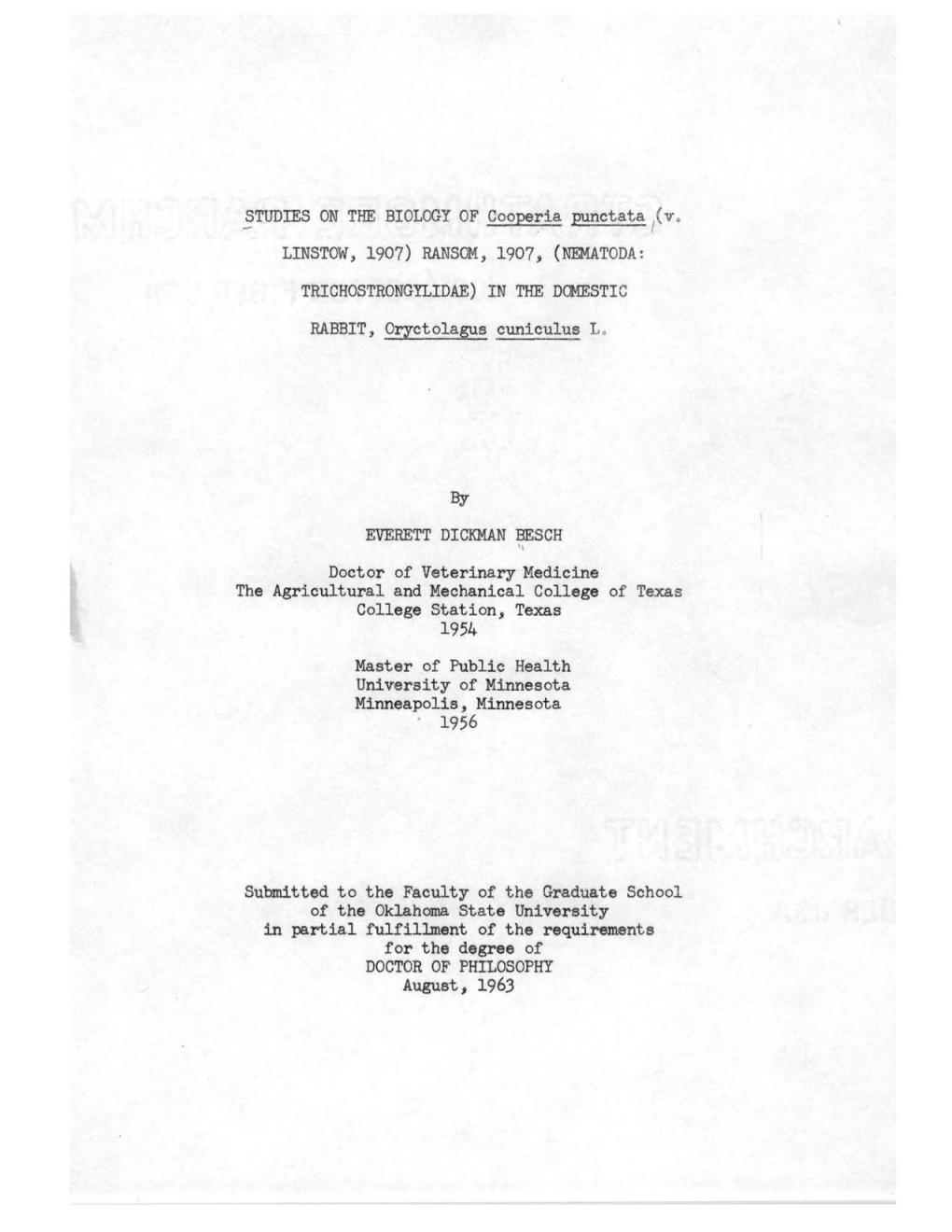 TUDIES on the BIOLOGY of Cooperia Punctata 1(Vo LINSTOW, 1907) RANSOM, 1907, (NEMATODA: TRICHOSTRONGYLIDAE) in the DOMESTIC