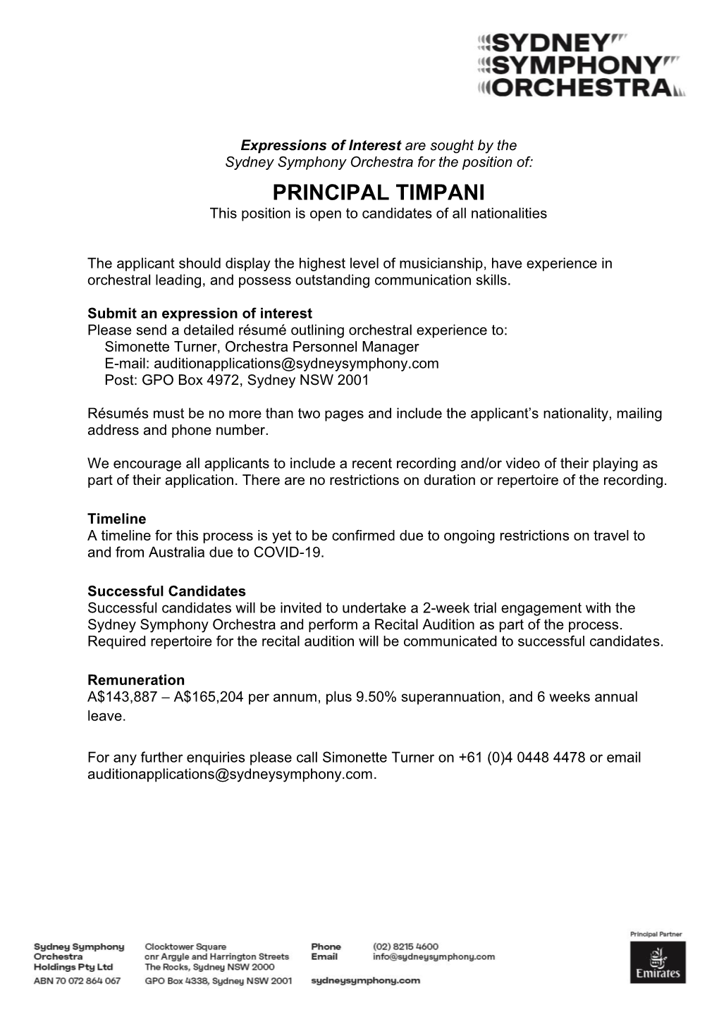 PRINCIPAL TIMPANI This Position Is Open to Candidates of All Nationalities