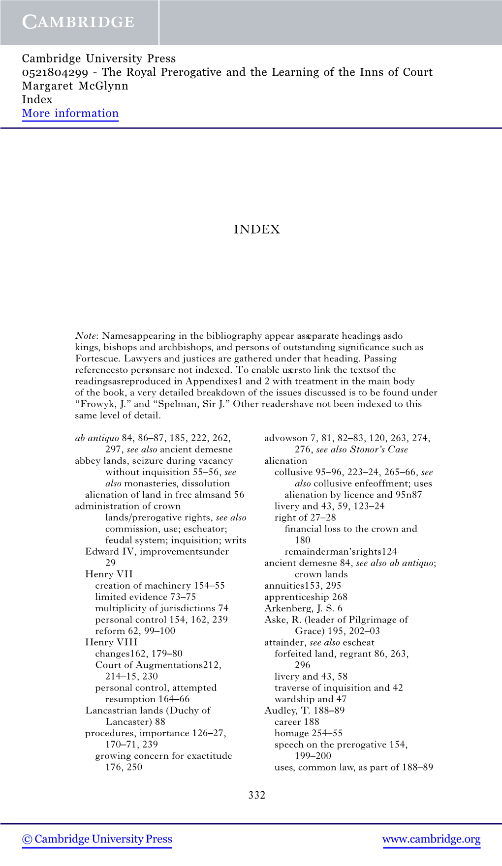 The Royal Prerogative and the Learning of the Inns of Court Margaret Mcglynn Index More Information