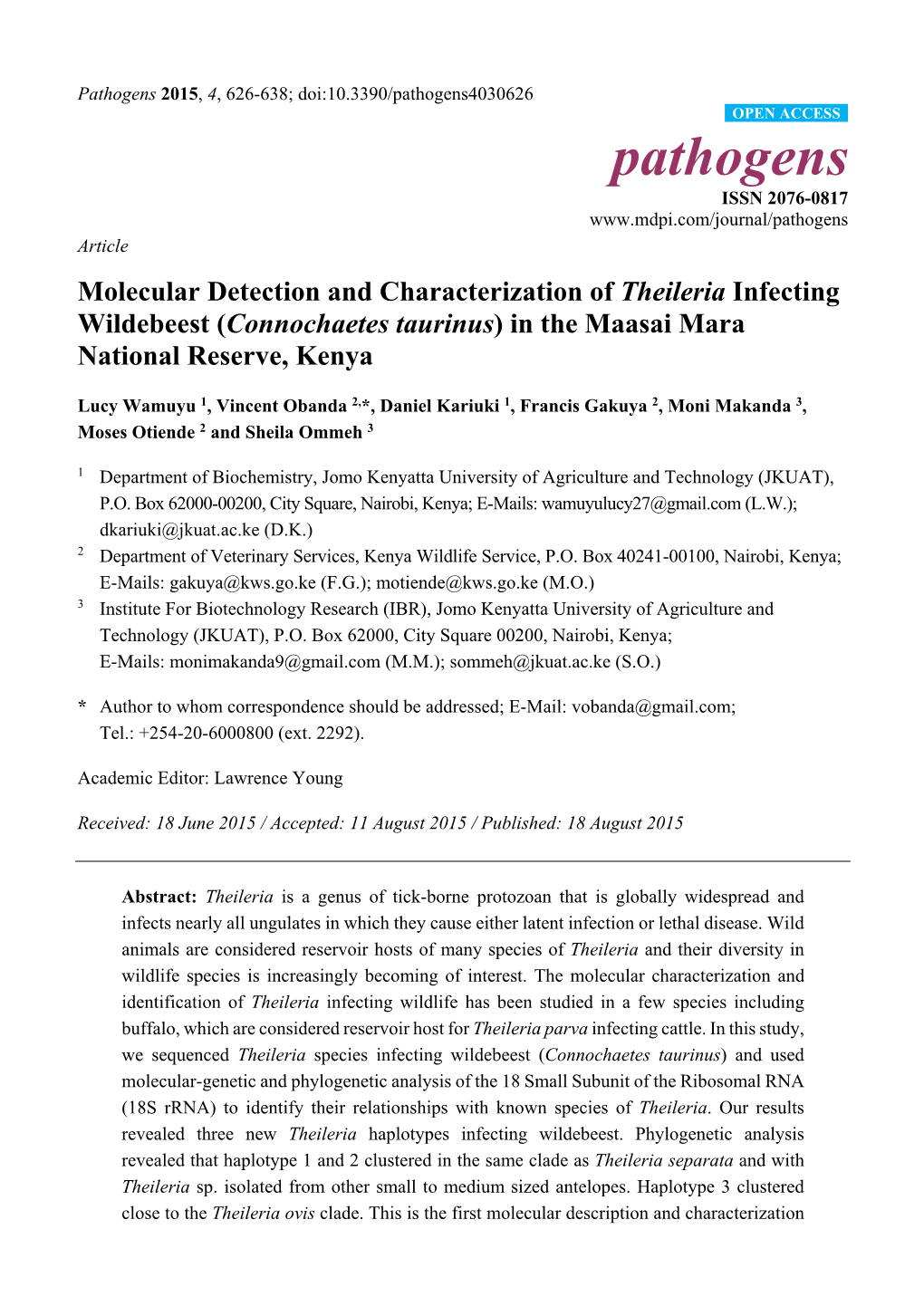 Molecular Detection and Characterization of Theileria Infecting Wildebeest (Connochaetes Taurinus) in the Maasai Mara National Reserve, Kenya