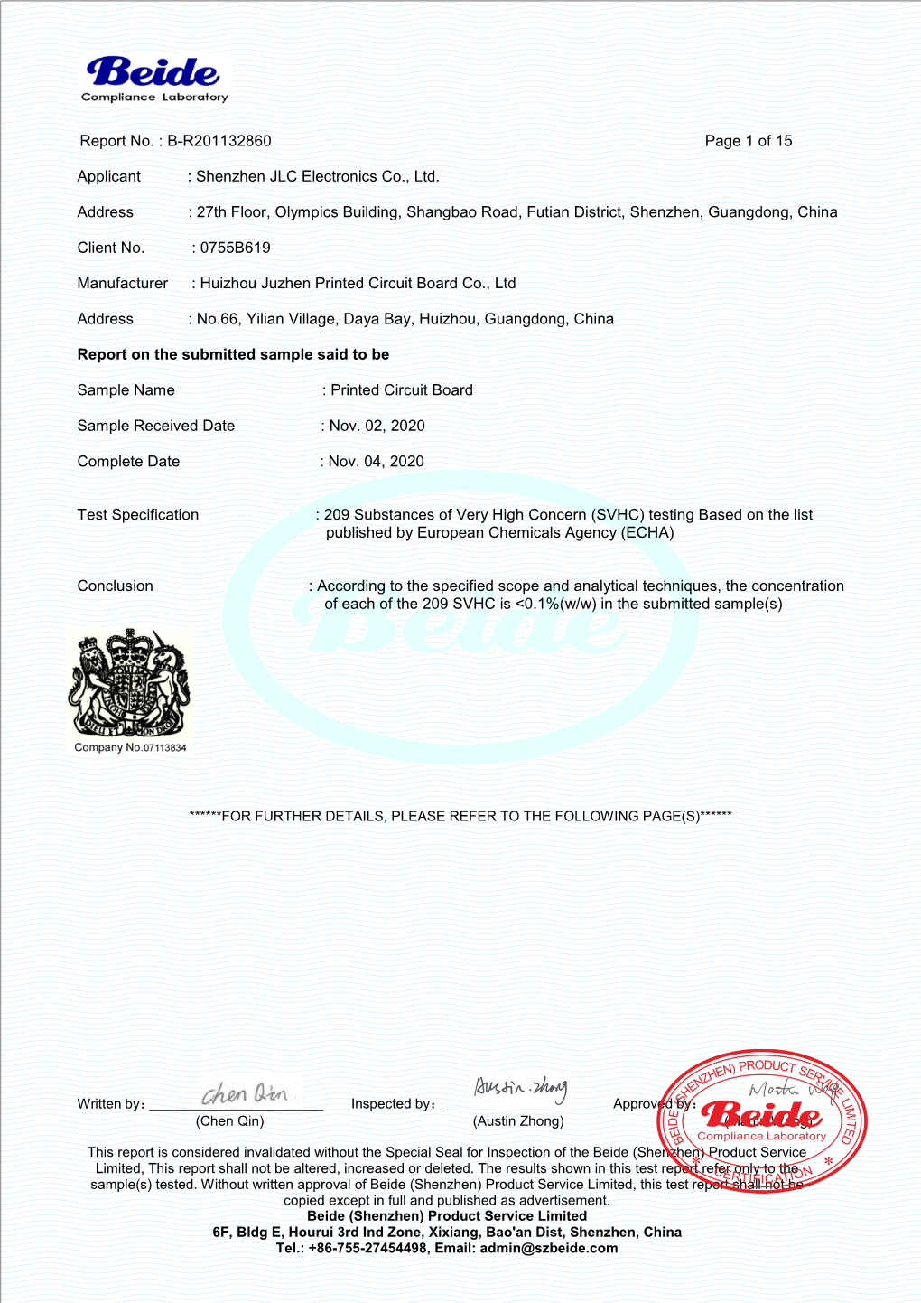 Report No. : B-R201132860 Page 1 of 15 Applicant : Shenzhen JLC Electronics Co., Ltd. Address : 27Th Floor, Olympic