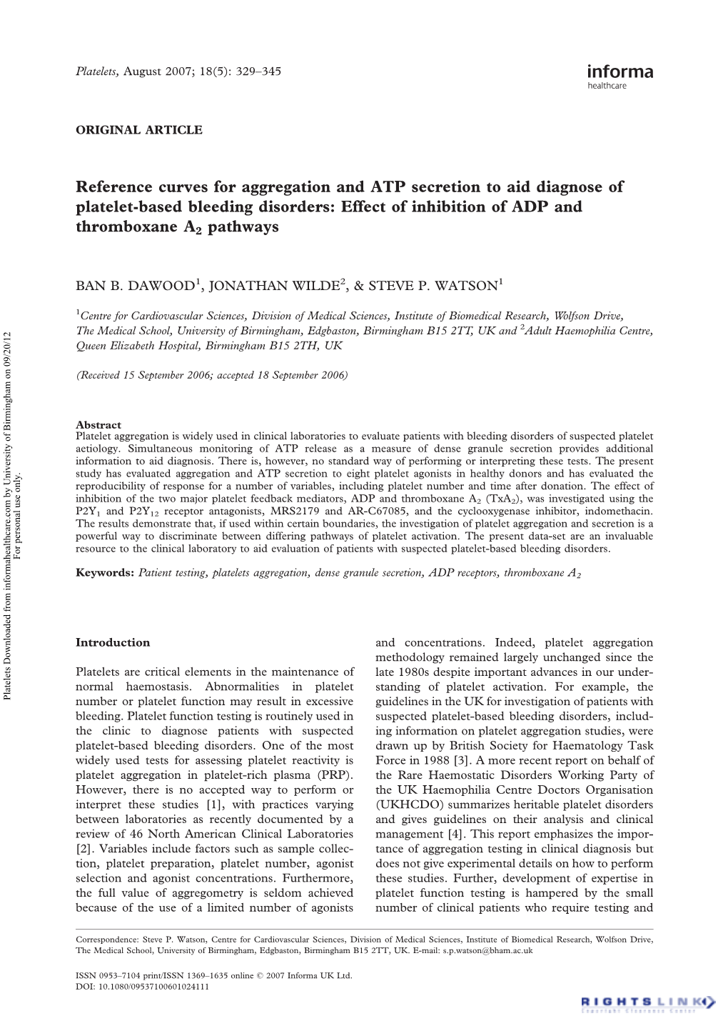 Reference Curves for Aggregation and ATP Secretion to Aid Diagnose of Platelet-Based Bleeding Disorders: Effect of Inhibition of ADP and Thromboxane A2 Pathways