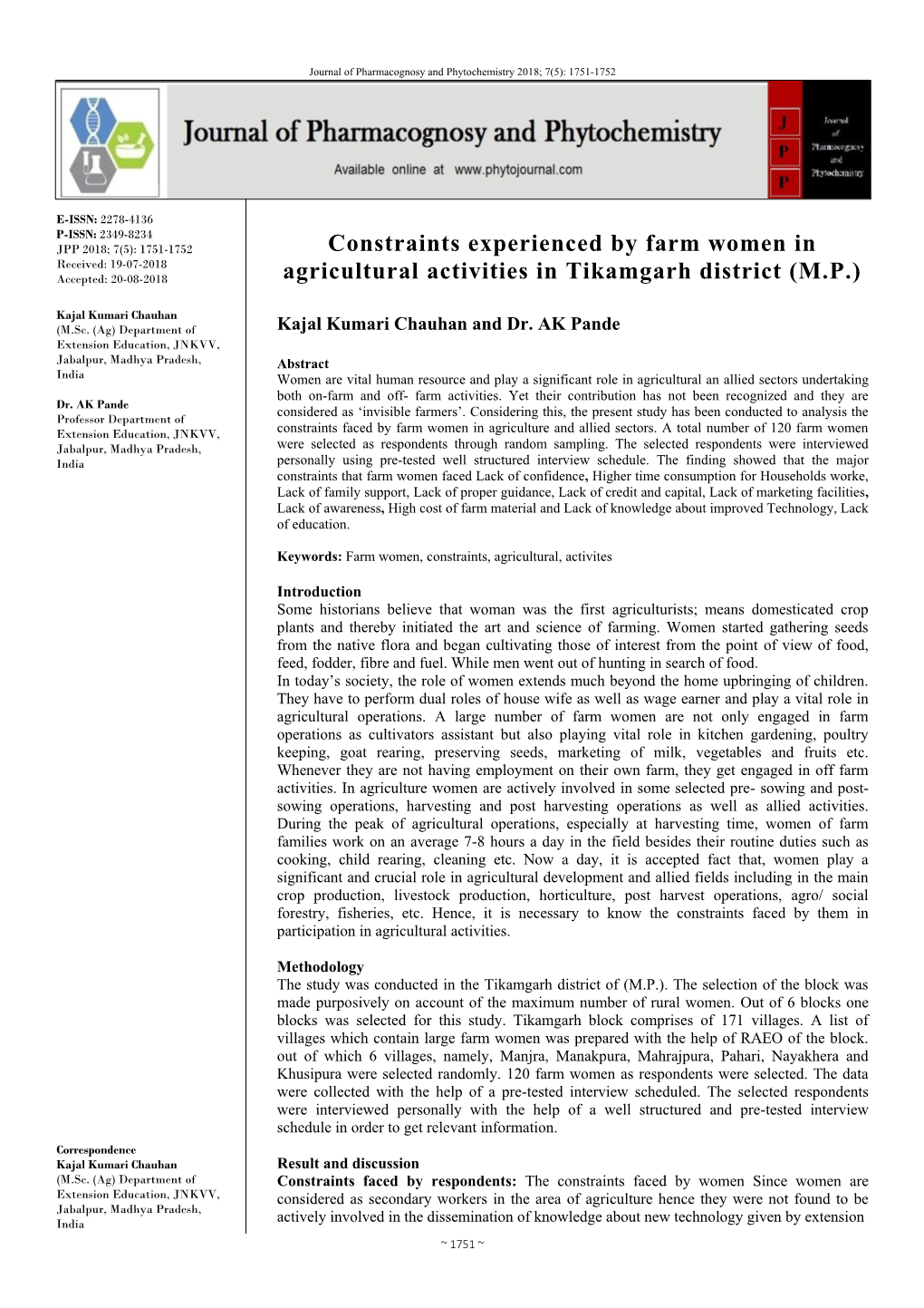 Constraints Experienced by Farm Women in Agricultural Activities In