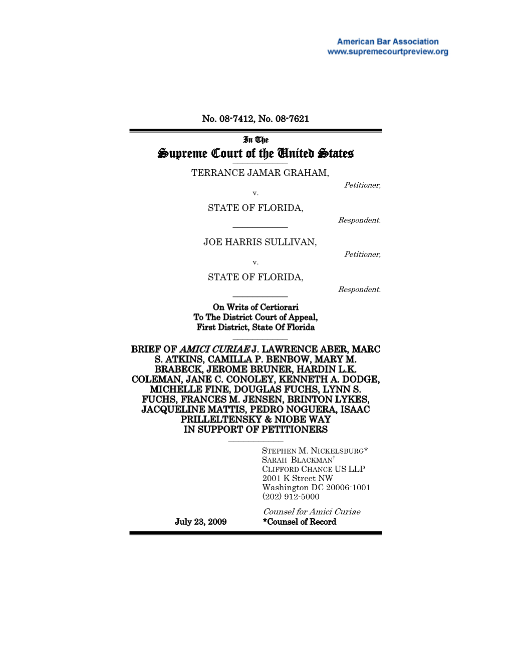 Brief of Petitioner for Graham V. Florida, 08-7412, and Graham V