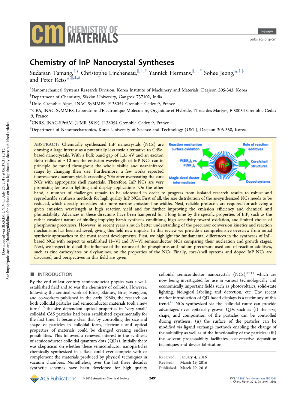 Chemistry of Inp Nanocrystal Syntheses