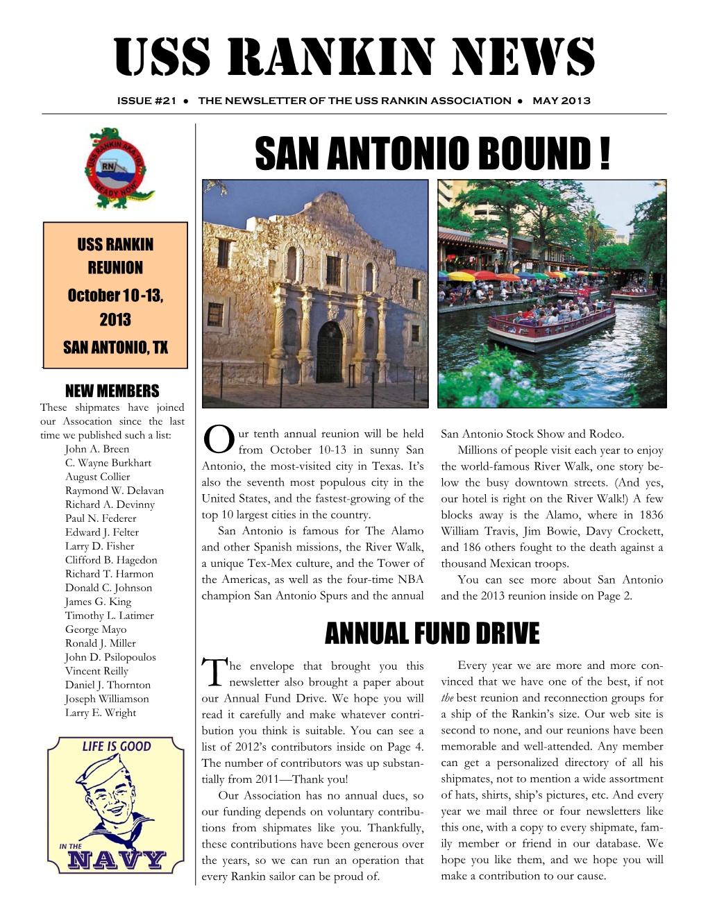 Uss Rankin News Issue #21 ● the Newsletter of the Uss Rankin Association ● May 2013 San Antonio Bound !