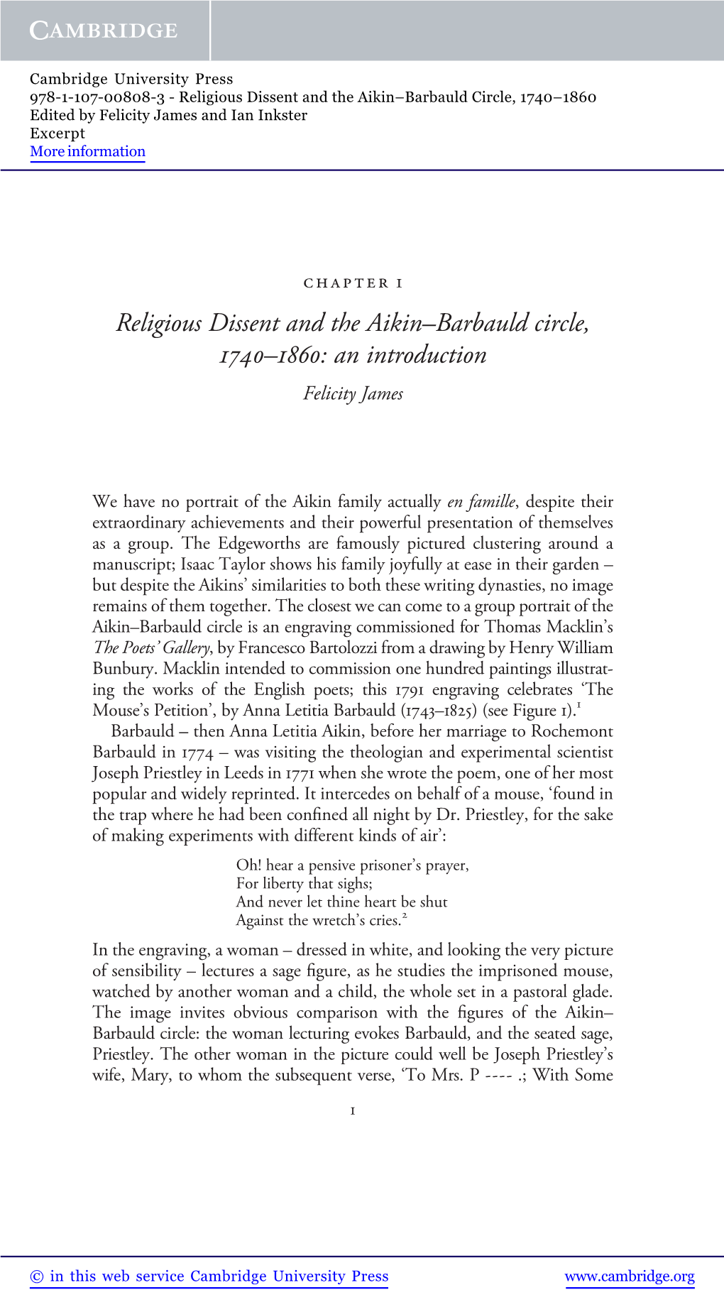 Religious Dissent and the Aikin–Barbauld Circle, 1740–1860: an Introduction Felicity James