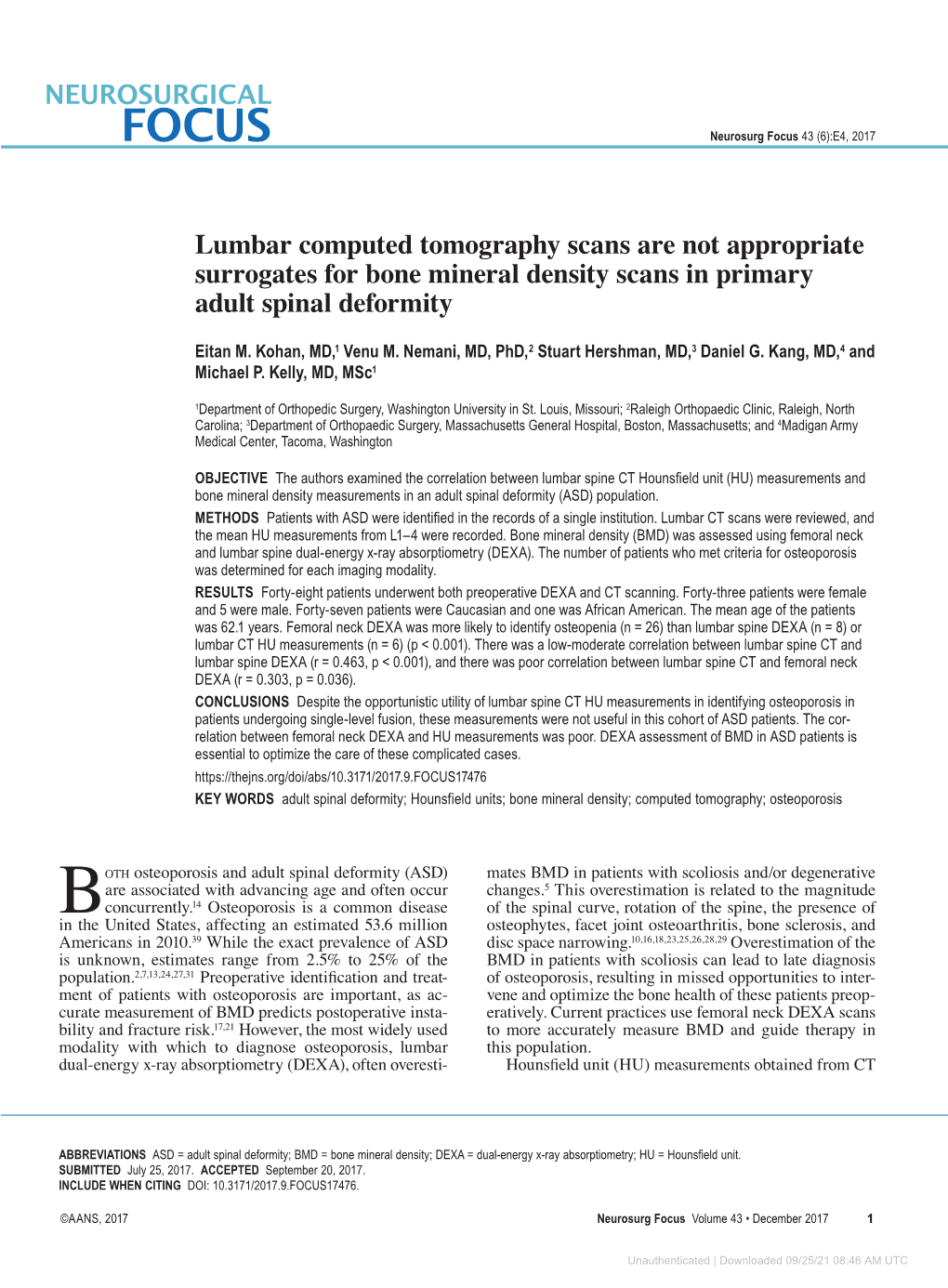 Lumbar Computed Tomography Scans Are Not Appropriate Surrogates for Bone Mineral Density Scans in Primary Adult Spinal Deformity